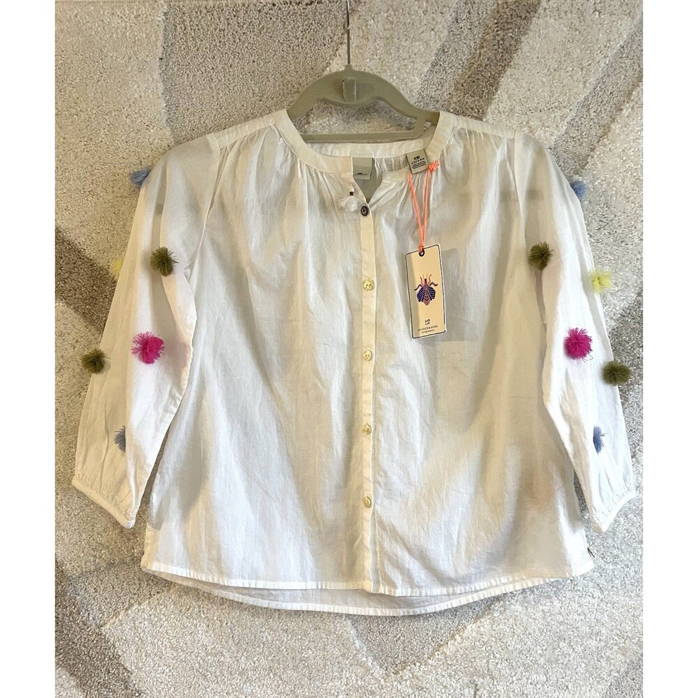 Girls Scotch & Soda Sz 10 White Pom Pom Sleeve Boho Festival Blouse NWT Cotton